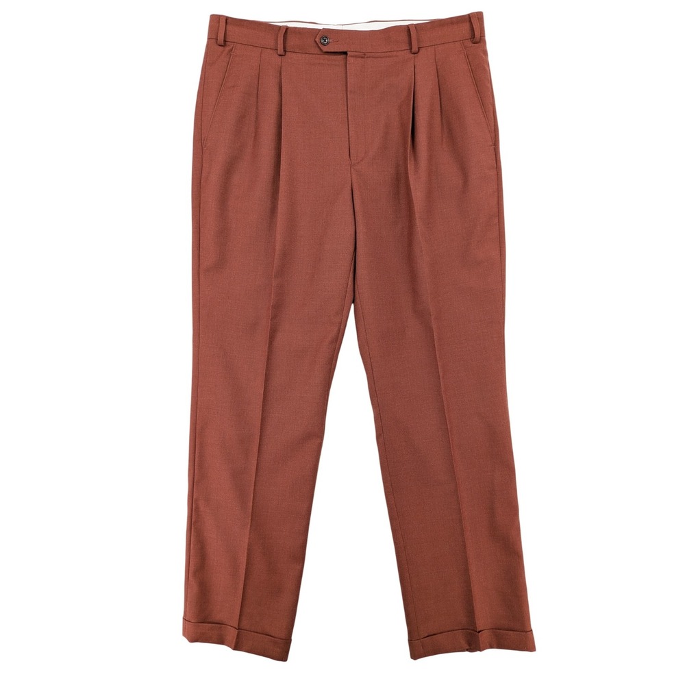 Paul Frederick Wool Cashmere Pleated Trousers 38 Rust Brown High Rise Cuffed